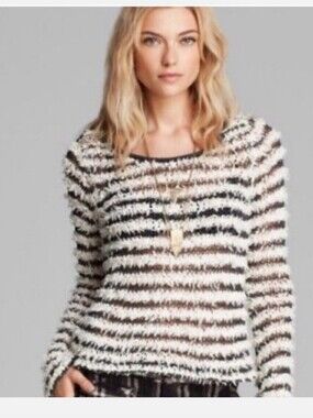 Free People Grunge Shag Dark Gray and White Knit Trumpet Sleeve Sweater Size S